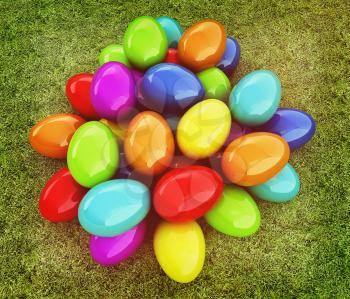 Colored Easter eggs on a green grass. 3D illustration. Vintage style.