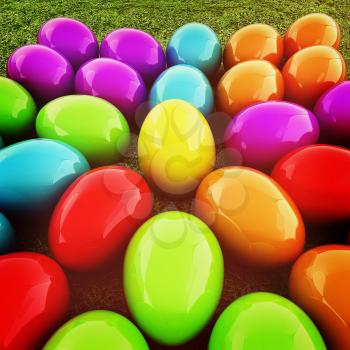 Colored Easter eggs as a flower on a green grass. 3D illustration. Vintage style.