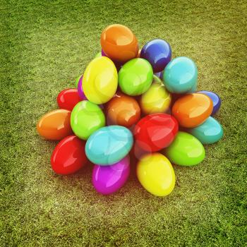 Colored Easter eggs on a green grass. 3D illustration. Vintage style.