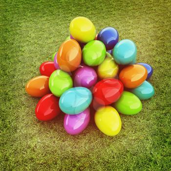 Colored Easter eggs on a green grass. 3D illustration. Vintage style.