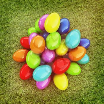 Colored Easter eggs on a green grass. 3D illustration. Vintage style.