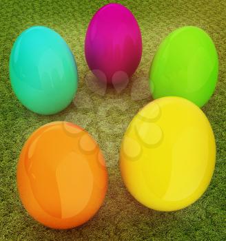 Colored Easter eggs on a green grass. 3D illustration. Vintage style.