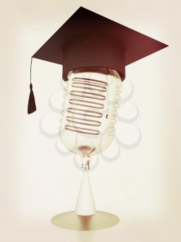 New 3d concept of education with microphone and graduation hat. 3D illustration. Vintage style.