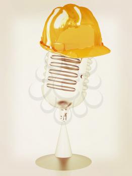 New 3d concept of technology education with microphone and hard hat. 3D illustration. Vintage style.