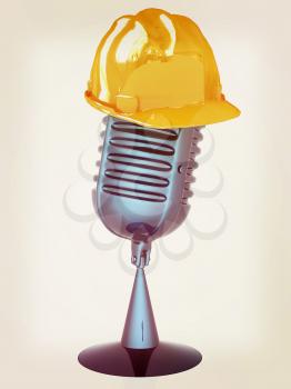 New 3d concept of technology education with microphone and hard hat. 3D illustration. Vintage style.