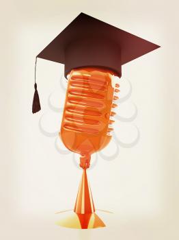 New 3d concept of education with microphone and graduation hat. 3D illustration. Vintage style.