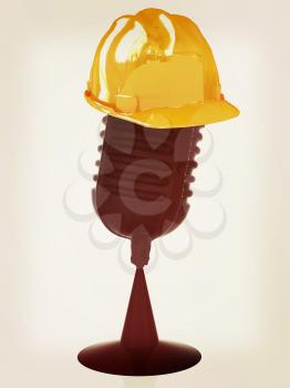 New 3d concept of technology education with microphone and hard hat. 3D illustration. Vintage style.