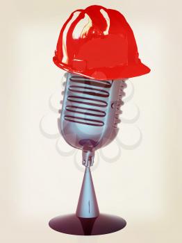 New 3d concept of technology education with microphone and hard hat. 3D illustration. Vintage style.