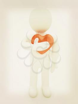 3d man holding his hand to his heart. Concept: From the heart. 3D illustration. Vintage style.