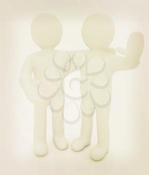 Friends standing next to an embrace and raised one's hand for greeting. 3d image. Isolated white background.. 3D illustration. Vintage style.