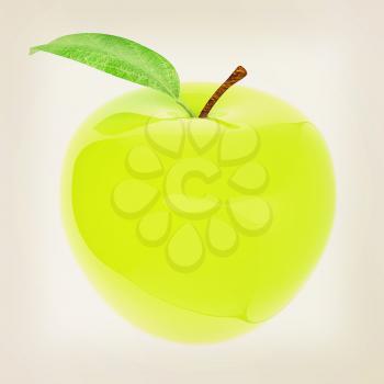 Green apple, isolated on white background . 3D illustration. Vintage style.