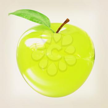 Green apple, isolated on white background . 3D illustration. Vintage style.