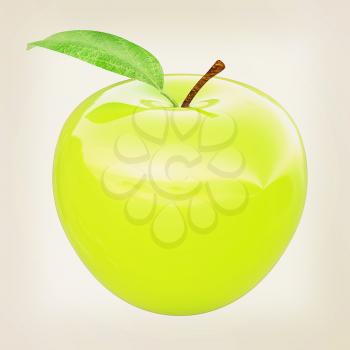 Green apple, isolated on white background . 3D illustration. Vintage style.