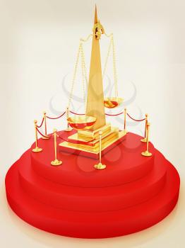 Gold scales of justice on 3d carpeting podium with gold handrail . 3D illustration. Vintage style.