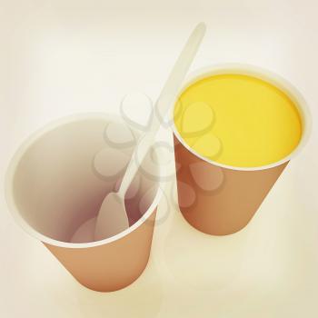 Orange juice in a fast food dishes. 3D illustration. Vintage style.