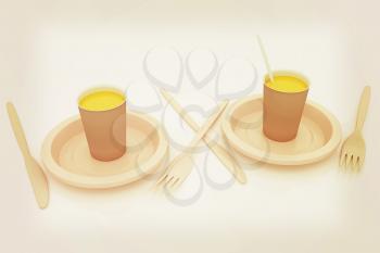 Orange juice in a fast food dishes. 3D illustration. Vintage style.