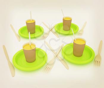 Orange juice in a fast food dishes. 3D illustration. Vintage style.