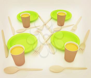 Orange juice in a fast food dishes. 3D illustration. Vintage style.