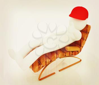 3d white man lying wooden chair with thumb up on white background . 3D illustration. Vintage style.