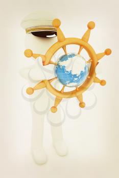 Sailor with wood steering wheel and earth. Trip around the world concept on a white background. 3D illustration. Vintage style.