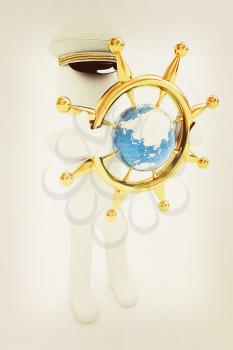 Sailor with gold steering wheel and earth. Trip around the world concept on a white background. 3D illustration. Vintage style.