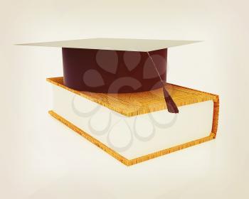 Graduation hat on a leather book on a white background. 3D illustration. Vintage style.