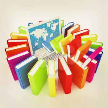 Colorful books flying and laptop on a white background. 3D illustration. Vintage style.