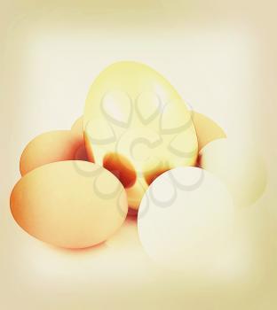 Eggs and gold easter egg. 3D illustration. Vintage style.