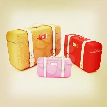 Traveler's suitcases. Family travel concept. 3D illustration. Vintage style.