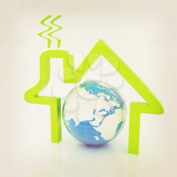 3d green icon house, earth on white background . 3D illustration. Vintage style.