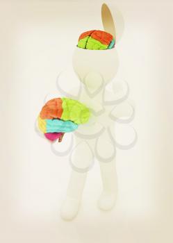 3d people - man with half head, brain and trumb up. . 3D illustration. Vintage style.