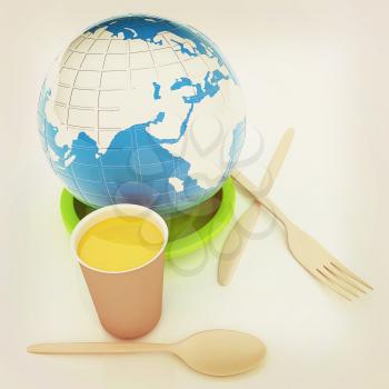 Orange juice in a fast food dishes and earth. 3D illustration. Vintage style.