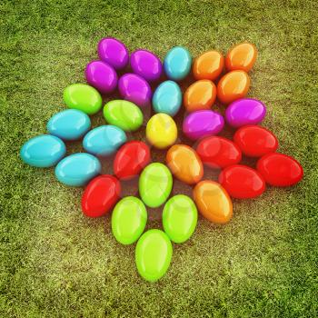 Colored Easter eggs as a flower on a green grass. 3D illustration. Vintage style.