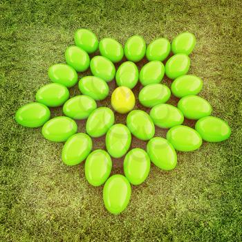 Colored Easter eggs as a flower on a green grass. 3D illustration. Vintage style.