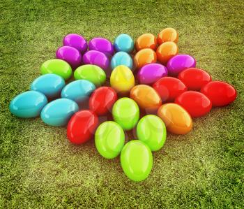 Colored Easter eggs as a flower on a green grass. 3D illustration. Vintage style.