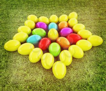 Colored Easter eggs as a flower on a green grass. 3D illustration. Vintage style.