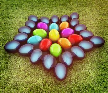 Colored Easter eggs as a flower on a green grass. 3D illustration. Vintage style.