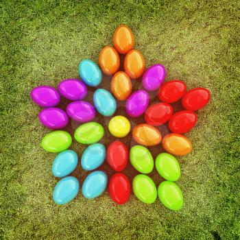 Colored Easter eggs as a flower on a green grass. 3D illustration. Vintage style.