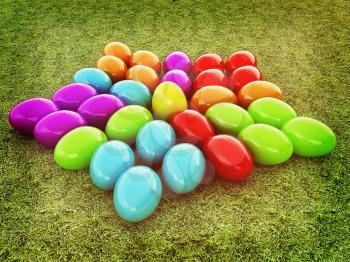 Colored Easter eggs as a flower on a green grass. 3D illustration. Vintage style.