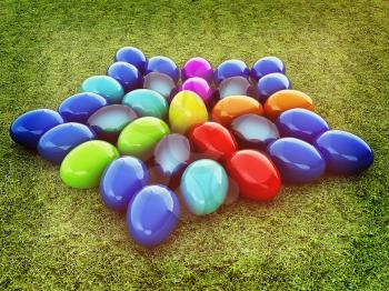 Colored Easter eggs as a flower on a green grass. 3D illustration. Vintage style.