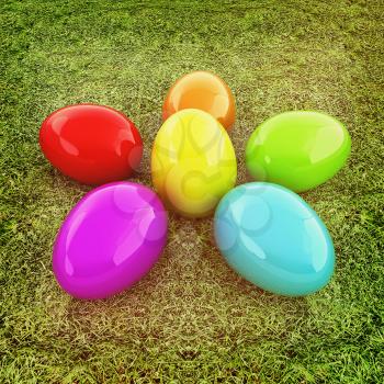 Colored Easter eggs as a flower on a green grass. 3D illustration. Vintage style.