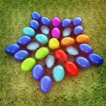 Colored Easter eggs as a flower on a green grass. 3D illustration. Vintage style.