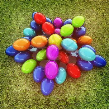 Colored Easter eggs as a flower on a green grass. 3D illustration. Vintage style.