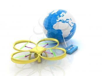 Quadrocopter Drone with Earth Globe and remote controller on a white background. 3d illustration