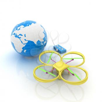 Quadrocopter Drone with Earth Globe and remote controller on a white background. 3d illustration