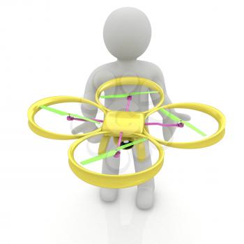 3d man with drone, quadrocopter, with photo camera. 3d render. 3D render