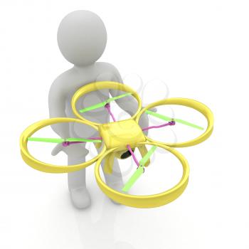 3d man with drone, quadrocopter, with photo camera. 3d render. 3D render