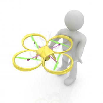 3d man with drone, quadrocopter, with photo camera. 3d render. 3D render