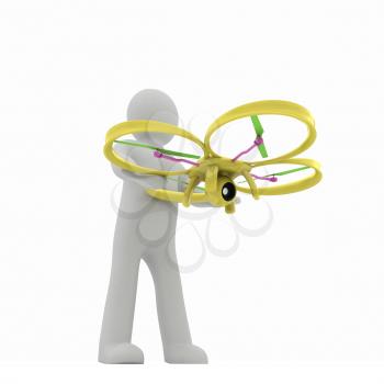 3d man with drone, quadrocopter, with photo camera. 3d render. 3D render