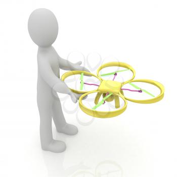 3d man with drone, quadrocopter, with photo camera. 3d render. 3D render